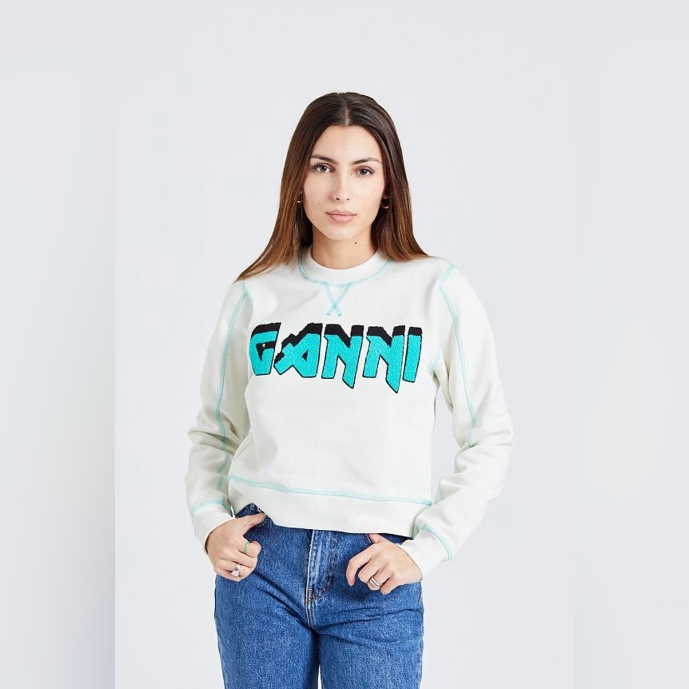GANNI Isoli Rock Logo Sweatshirt in Egret Size Large